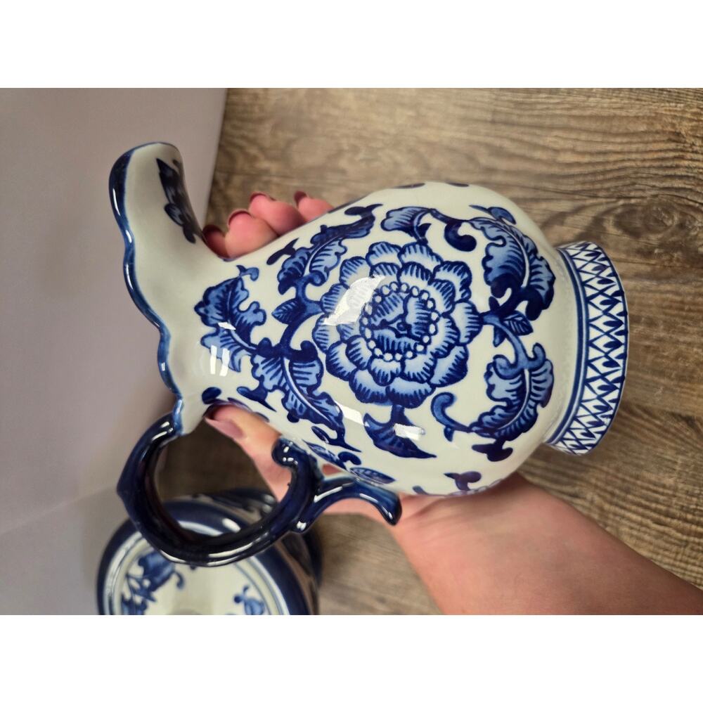 Vintage Bombay Company 6" Blue White Pitcher Ceramic Pottery + Bowl w/ Lid Set - Picture 5 of 12